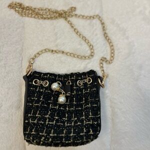 Black Tweed Kids Crossbody Bag with Gold Chain and Pearl Charms
